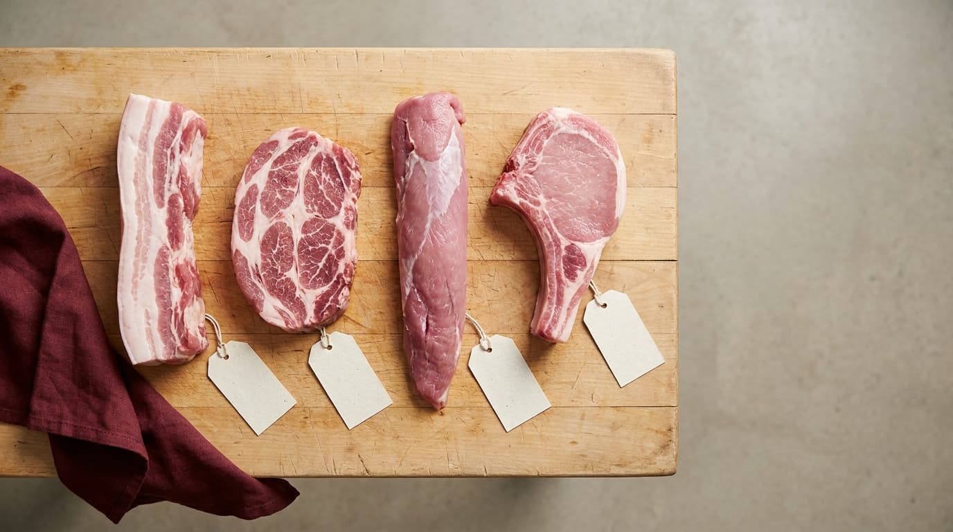 Homepage 45 Potongan daging babi pork belly, pork collar, tenderloin, dan pork chop di atas talenan - pork adalah daging babi